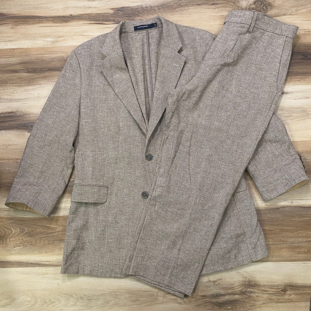 Banana Republic Suit 42R 32x30 Linen Blend Tailored Fit Herringbone Brown